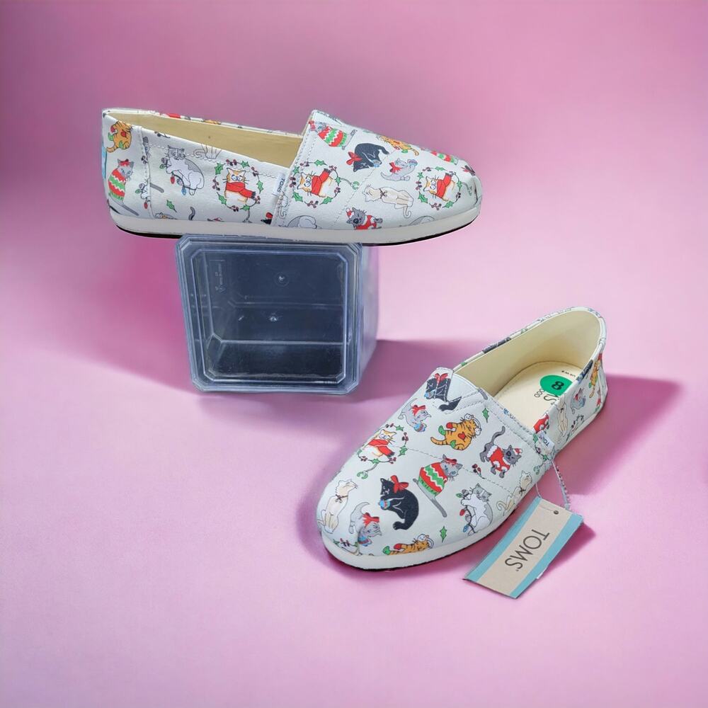 (NEW) TOMS Belmont Holiday Cats Print Ortholite Flats